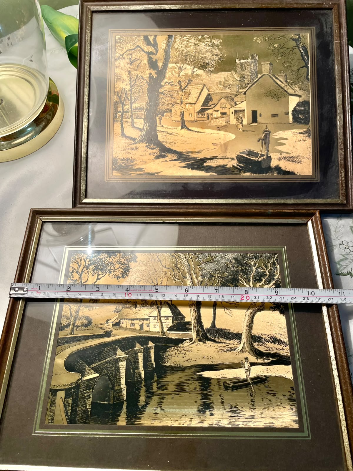 Vintage English Countryside Brass Etched Frames Pair Approx. 11 Inch
