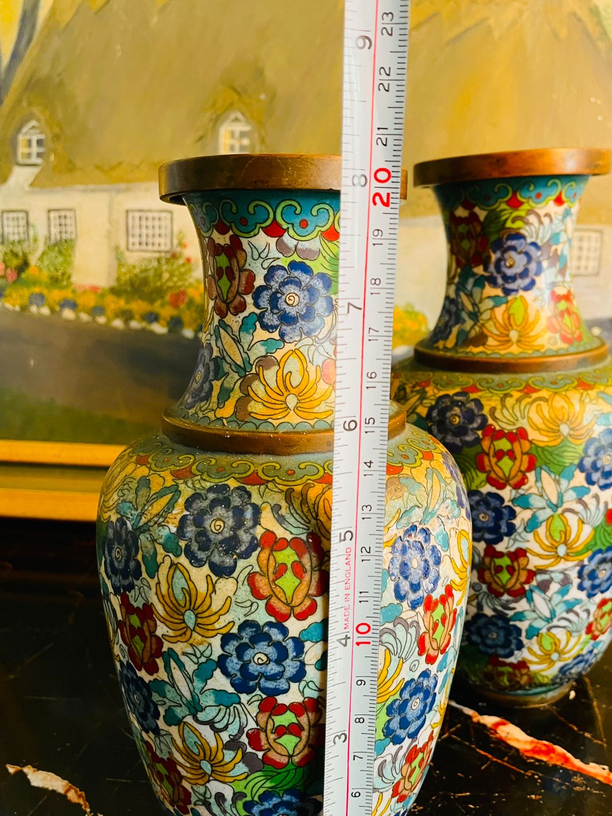 Vintage Brass Cloisonné Vases – Hand-Painted Floral Pair (20cm)