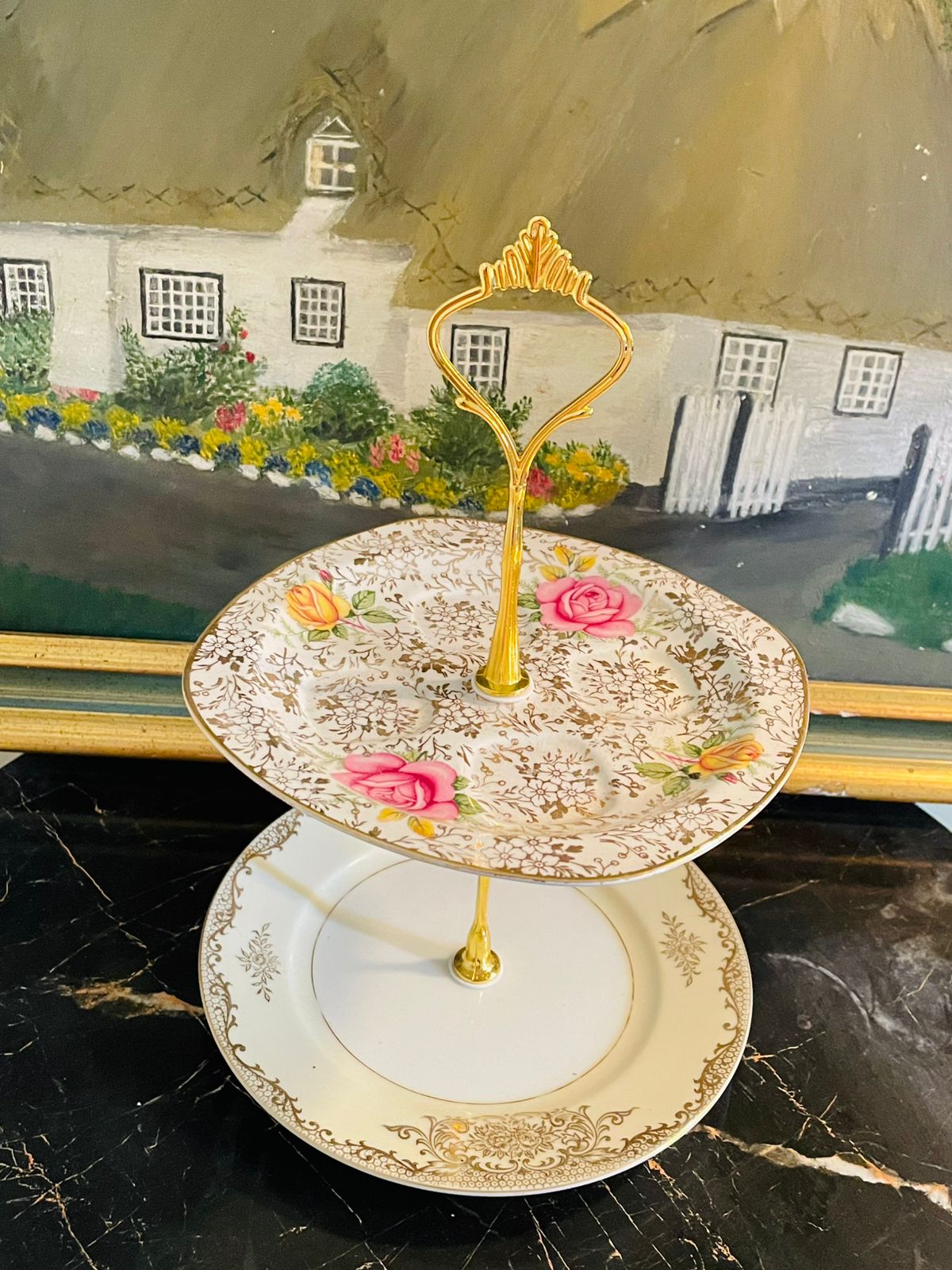 Vintage Limoges & Keystone 2-Tiered Serving Tray – Gold Filigree Porcelain