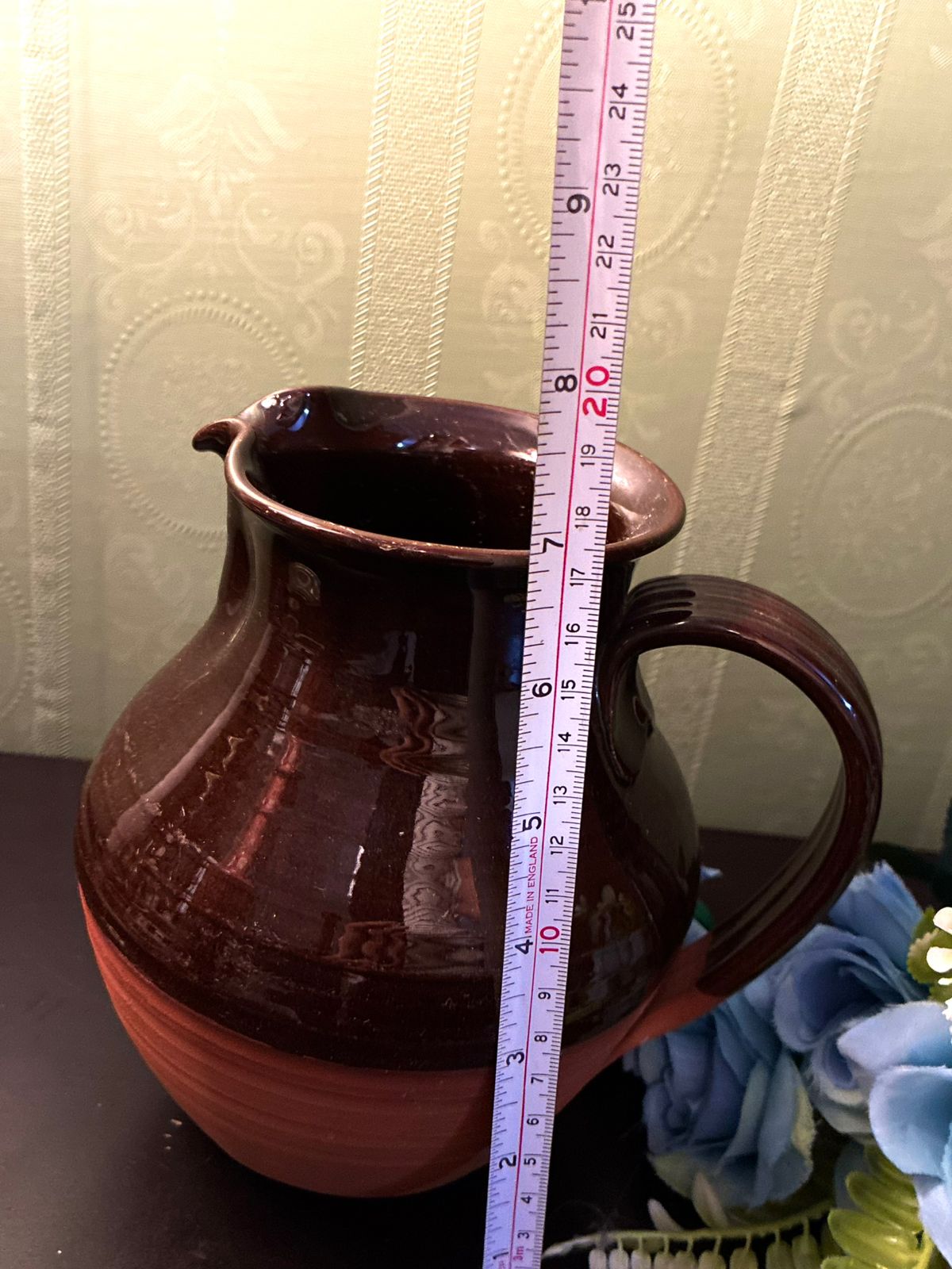 Vintage Brown Ceramic Jug Rustic Farmhouse Pitcher