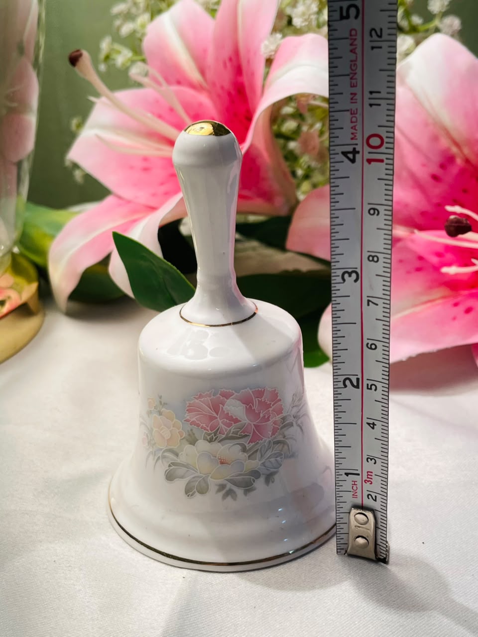 White Floral Decorative Bell Gold-Tone Trim Approx. 10 cm