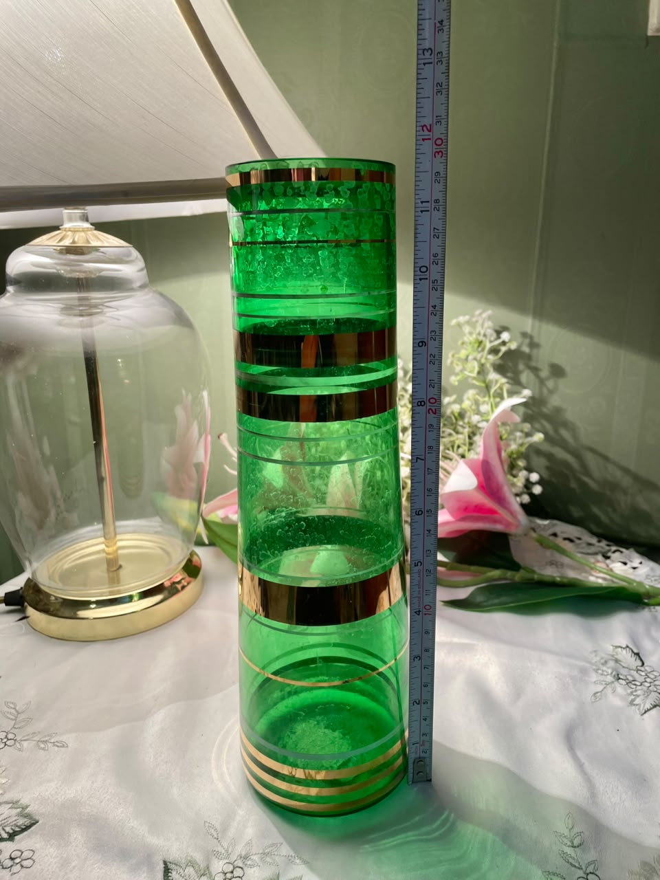Vintage Green Crystal Cylinder Vase 12 Inch