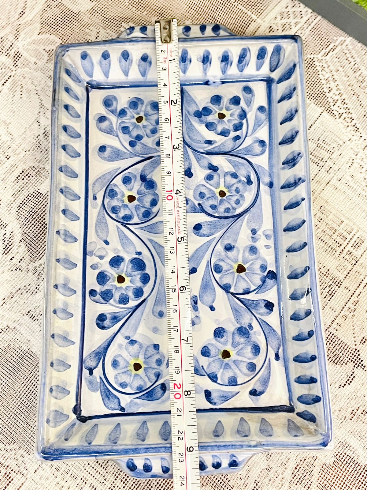Hand Painted Blue Floral Rectangular Ceramic Serving Tray