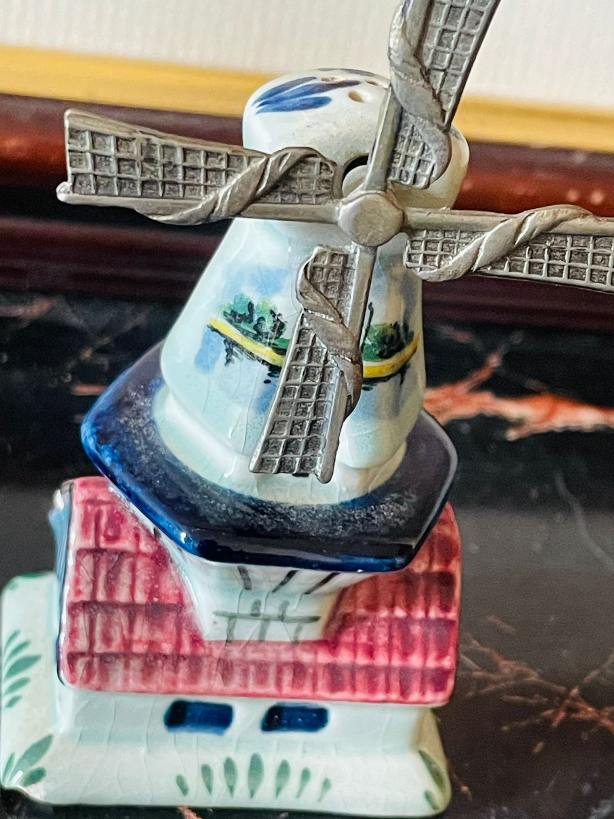 Vintage English Ceramic Windmill Figurine – Hand-Painted Collectible Blue pottery