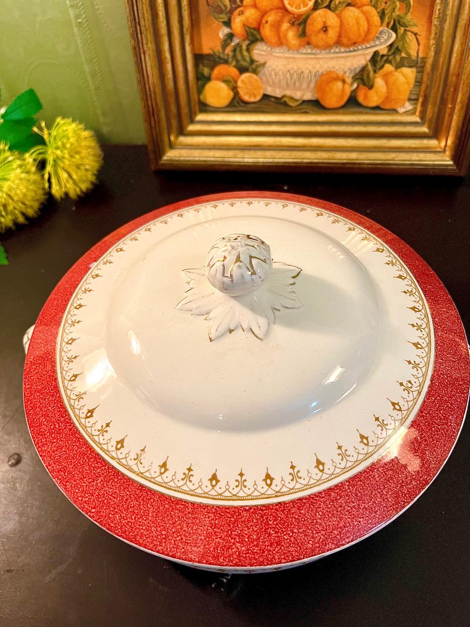 Vintage Red Gold Lidded Serving Tureen 22 cm