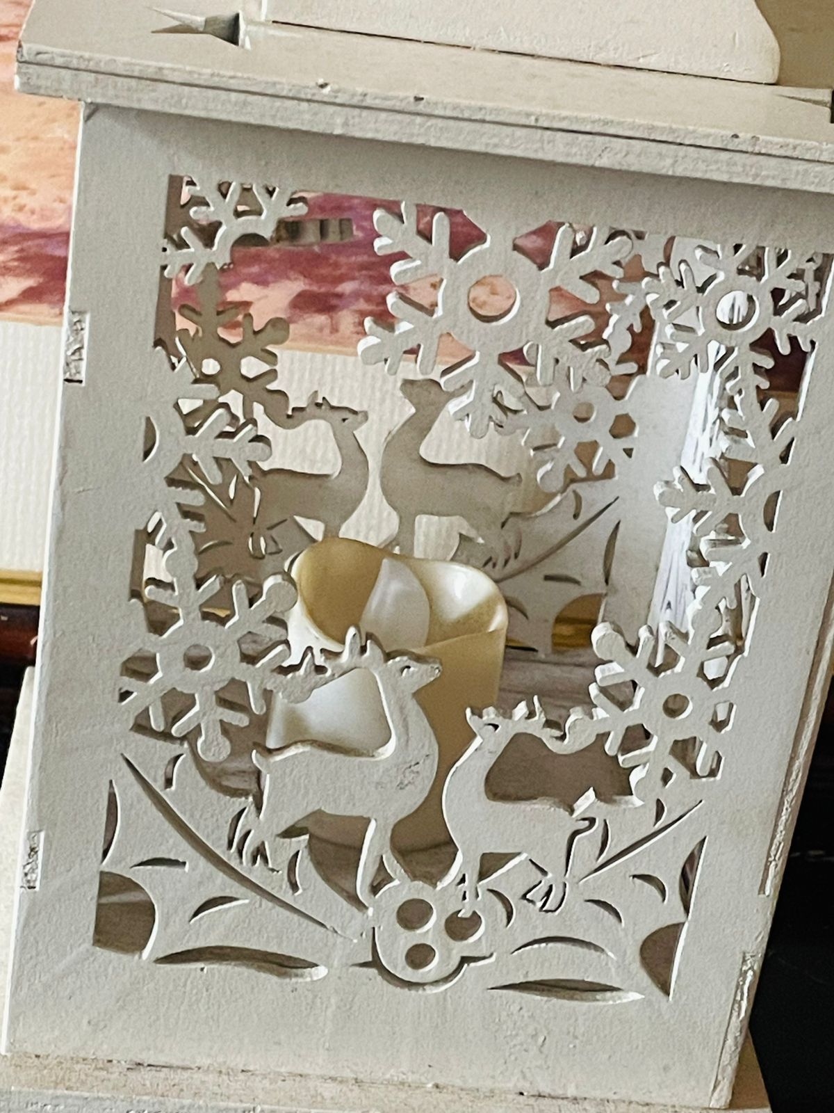 Vintage Wooden LED Lantern – Reindeer Cutwork Design (Battery Operated) Home Decor