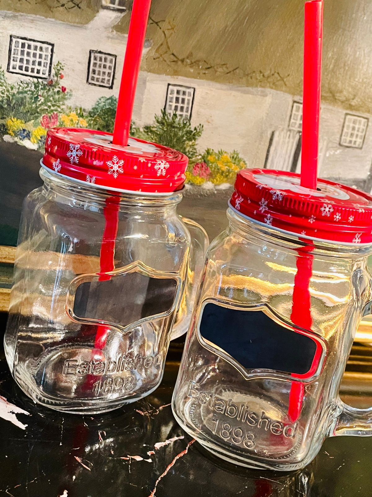 Set of 2 - Christmas Mason Jar Mugs with Lids & Straws