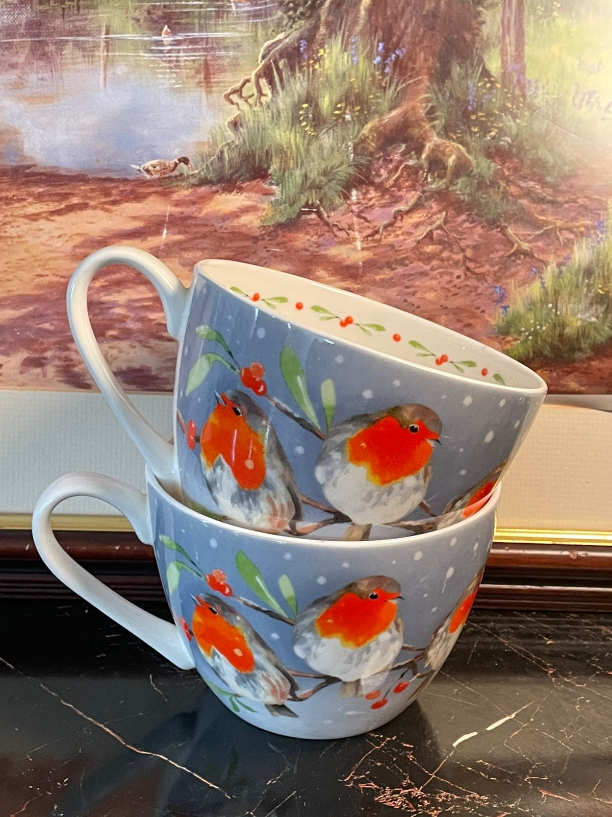Set of 2 Robin Bird Winter Mugs – Festive Ceramic Cups, Soup Mugs