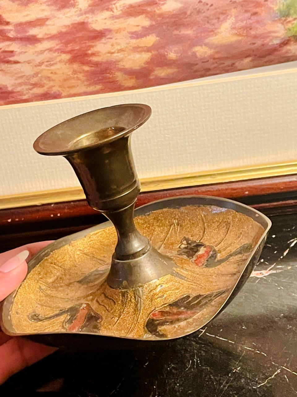 Antique Brass Candle Holder with Hand-Painted Birds – England