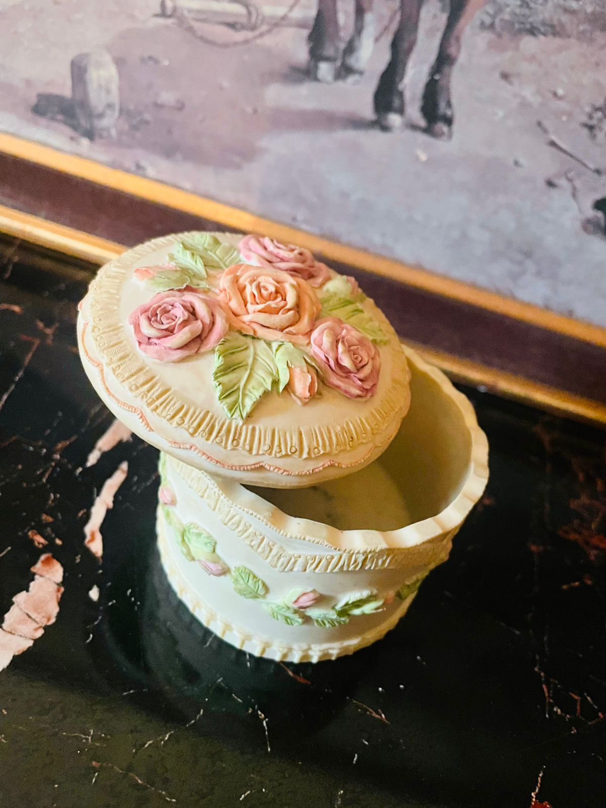 Vintage English Stoneware Trinket Box – Pastel Roses & Lace Relief Design