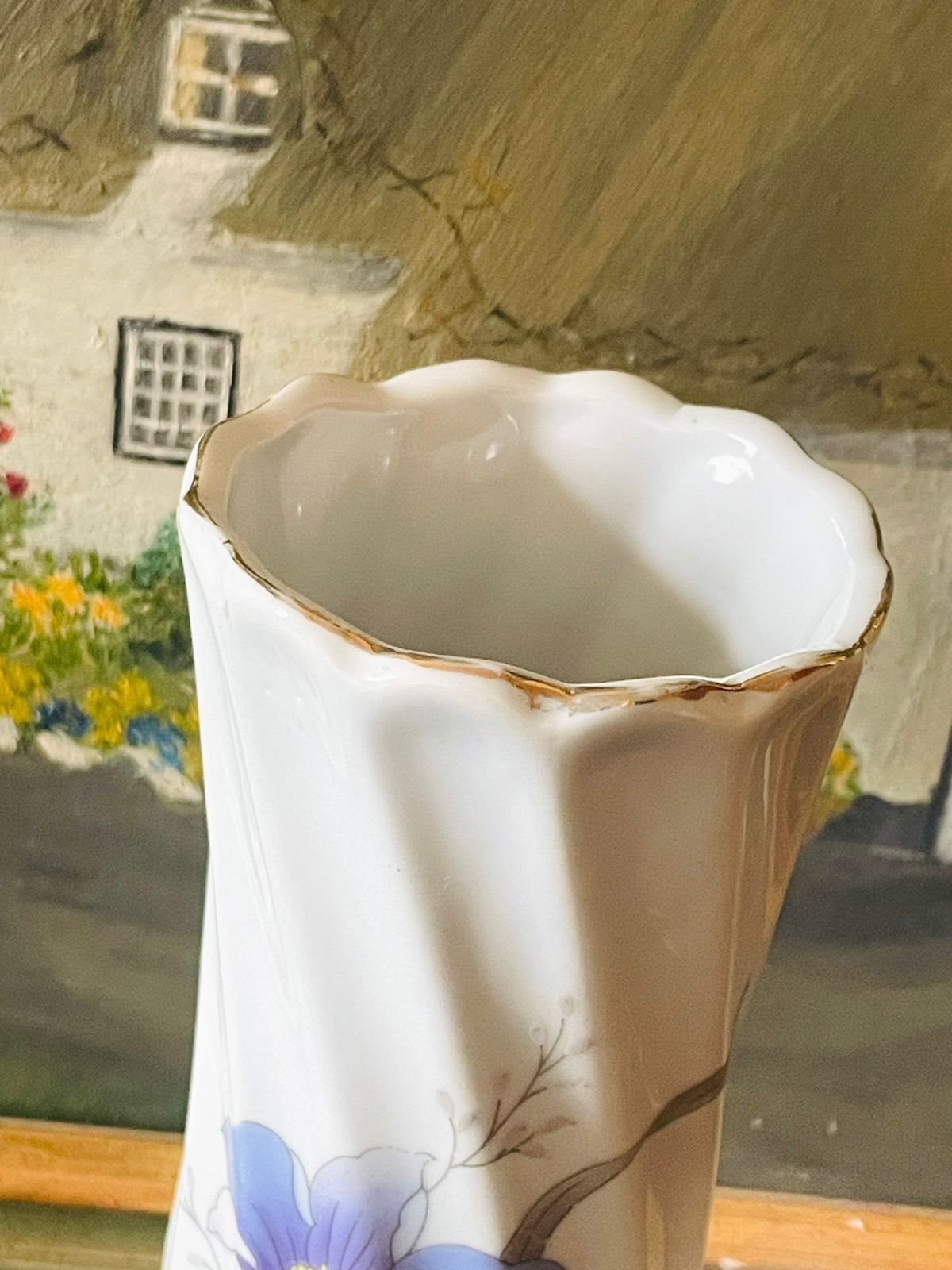 Vintage English Porcelain Vase with Purple Iris Floral Design