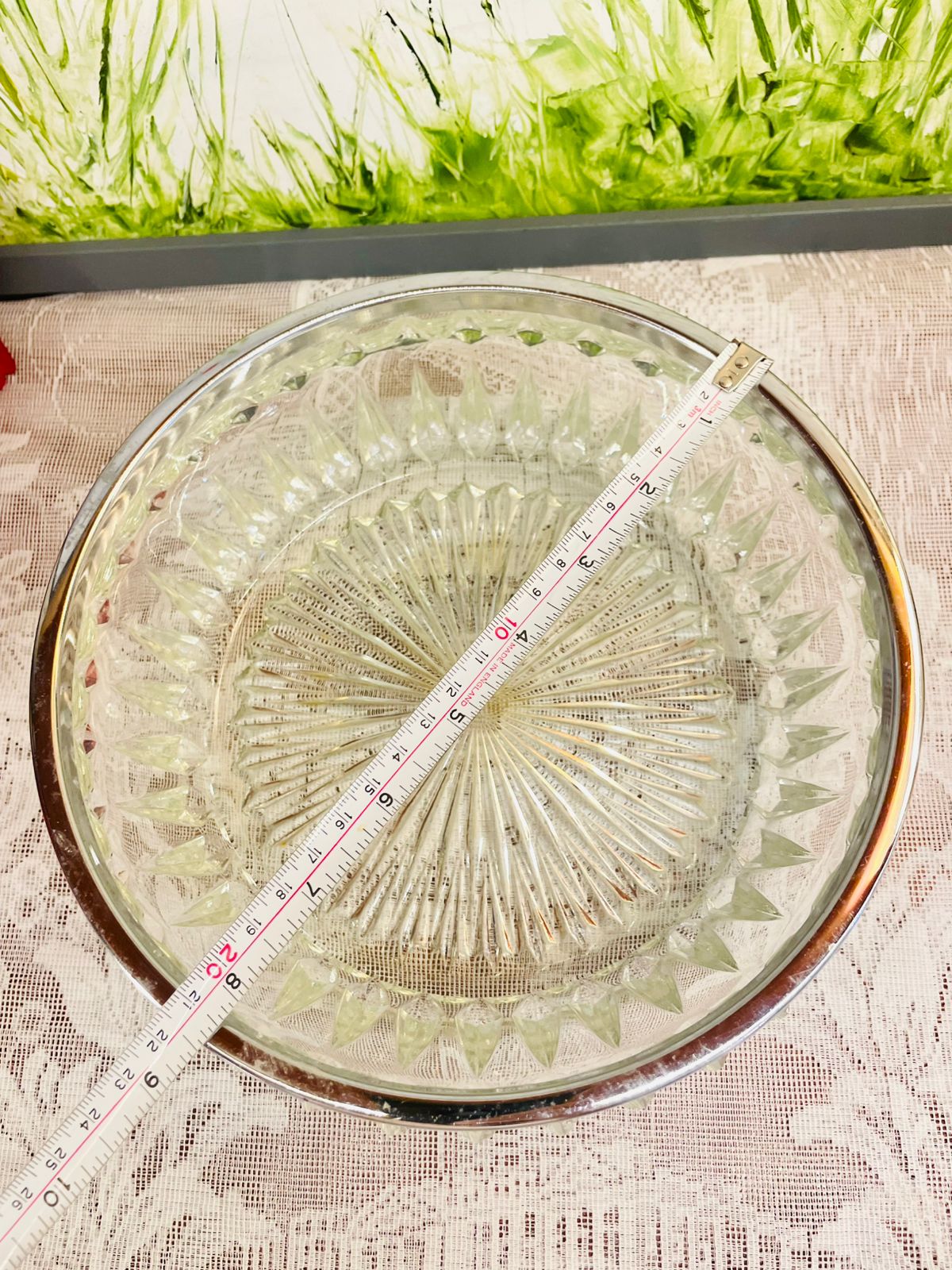 Vintage Large Cut Crystal Glass Bowl Silver Rim