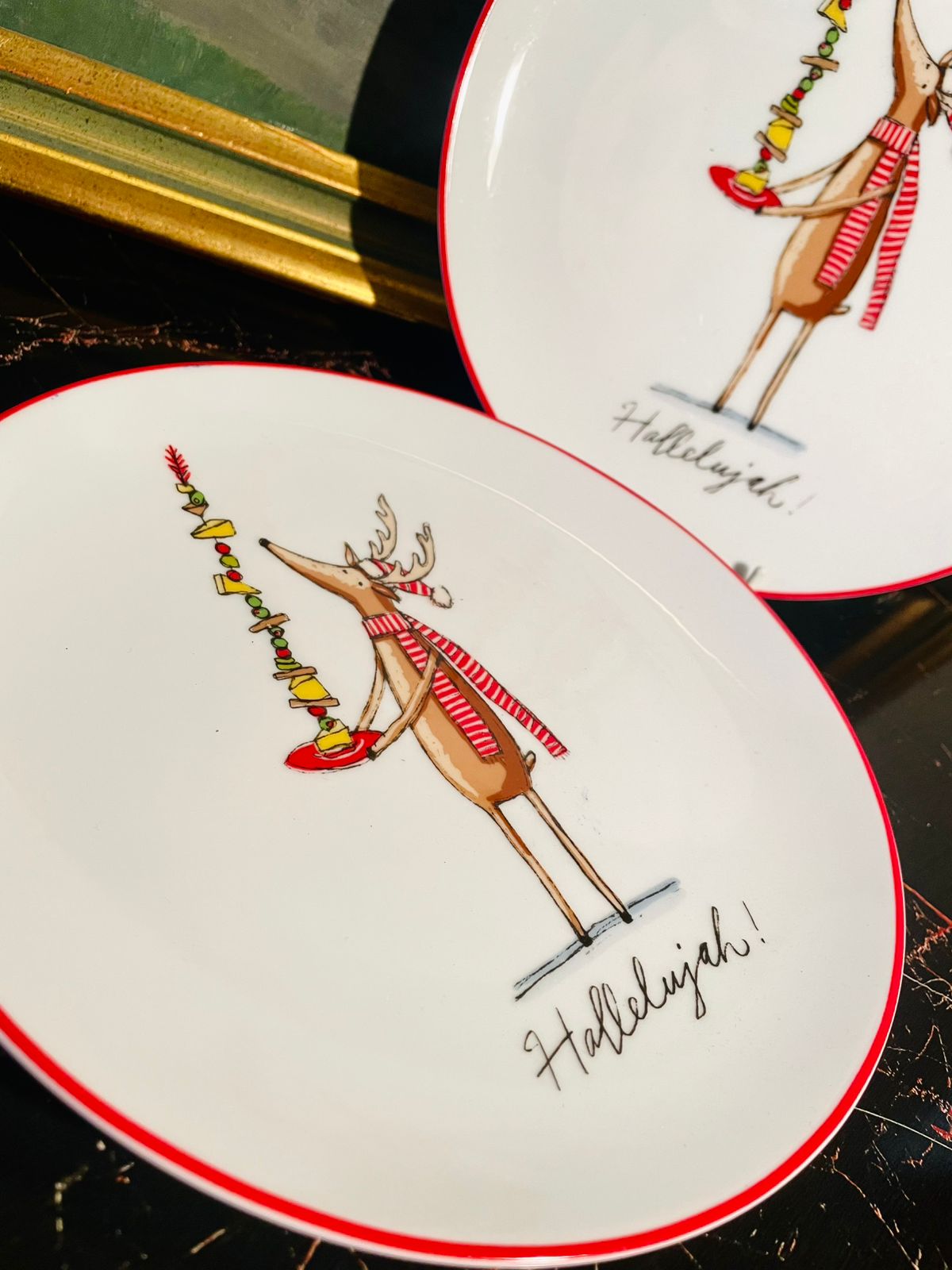 Festive Reindeer Porcelain Plates – Christmas Red Rim Dinner Set “Hallelujah”
