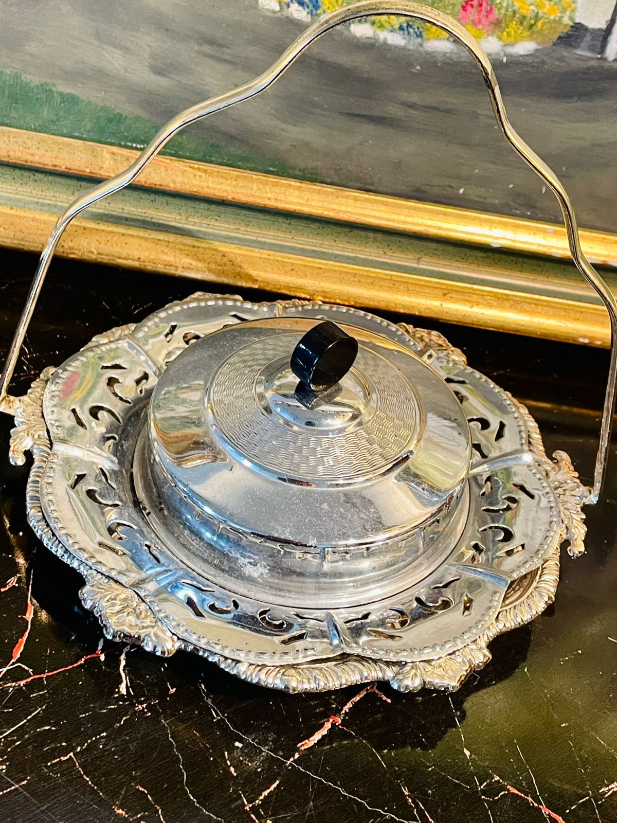 Vintage Silver Plated Covered Serving Dish with Handle – Ornate English Design