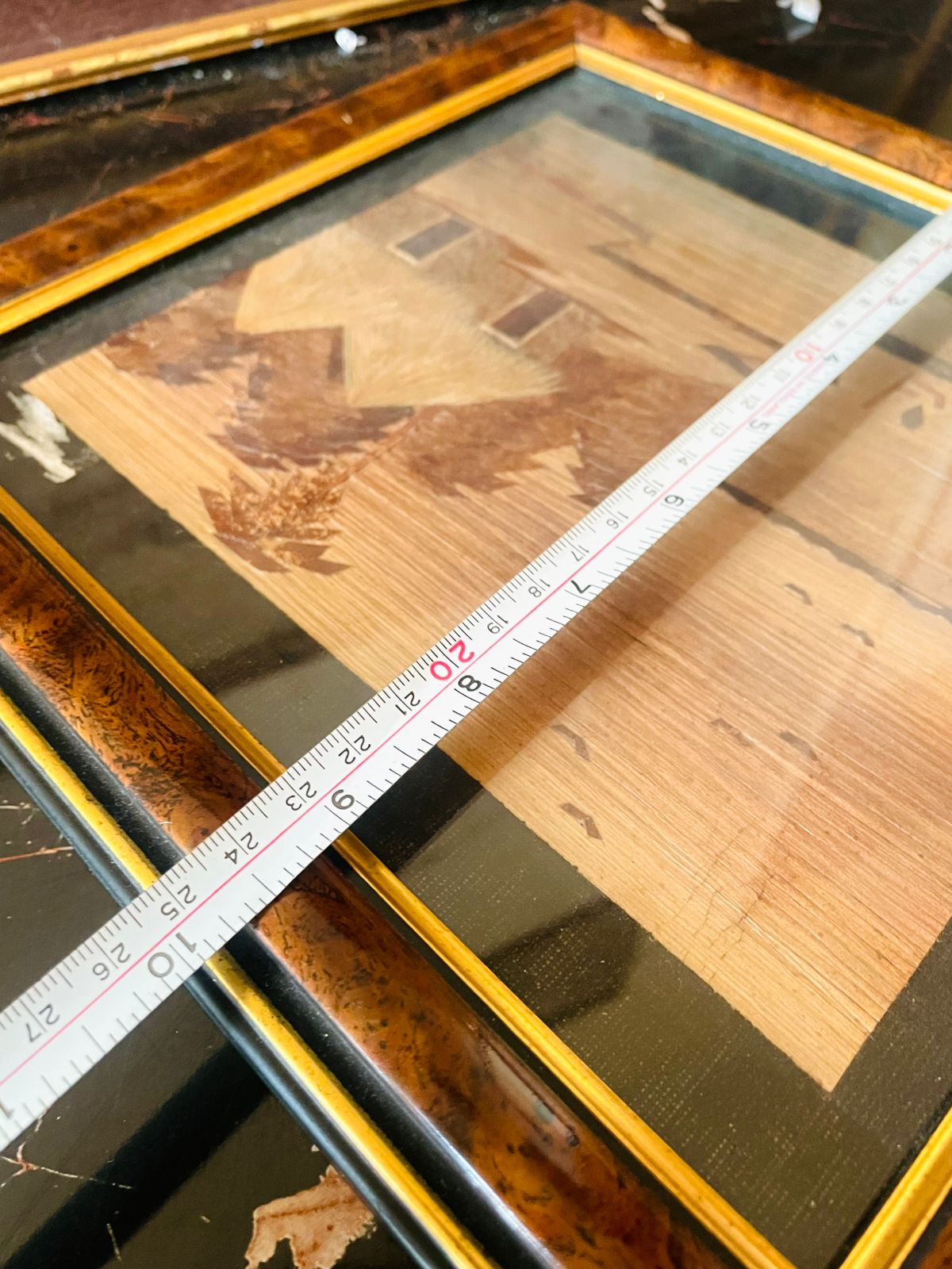 Handcrafted Wooden Marquetry Art – Village & Canoe Scene (Framed)