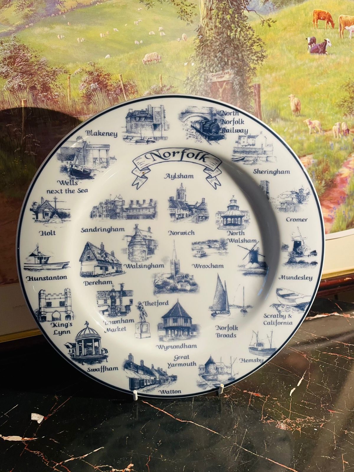 norfolk souvenir plate, blue and white decorative plate, english blueware china, norfolk blueware england, vintage england plate, collectible souvenir decor, british heritage pottery, blue transferware decor, european vintage collection, rare thrift finds, sunset kitchen vintage collection