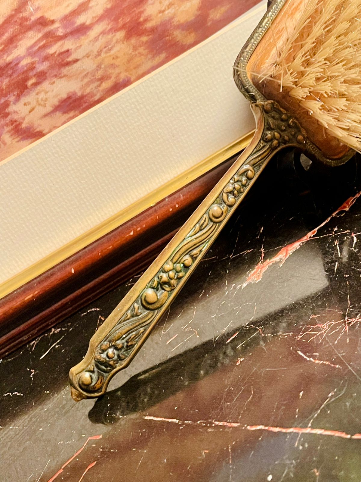 Vintage Ornate Hand Brush with Embroidered Back & Brass Floral Handle – England