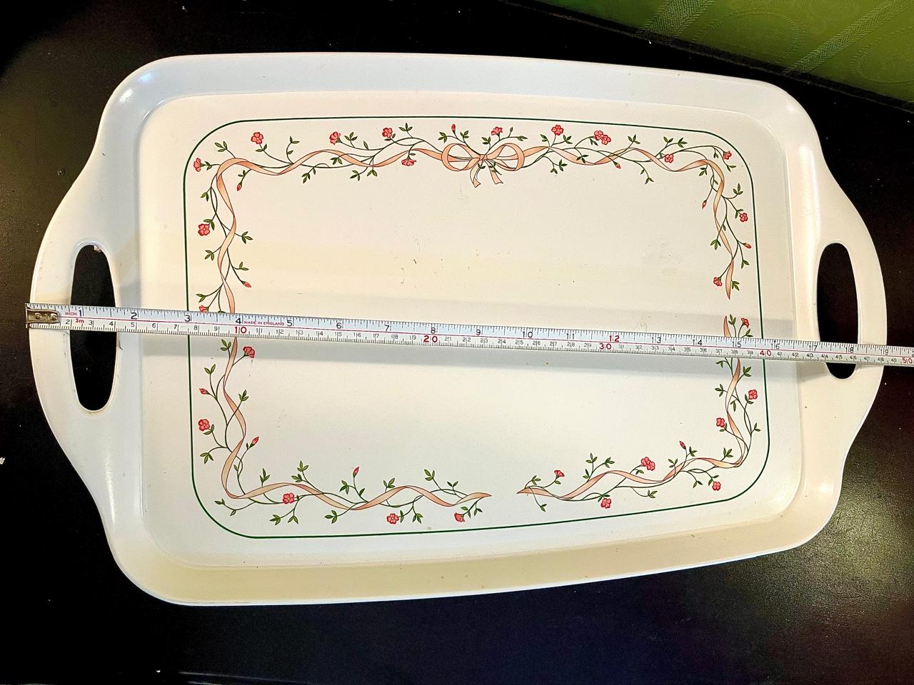 Ribbon rosebud tray shown with measuring tape indicating approx. 18 inch length