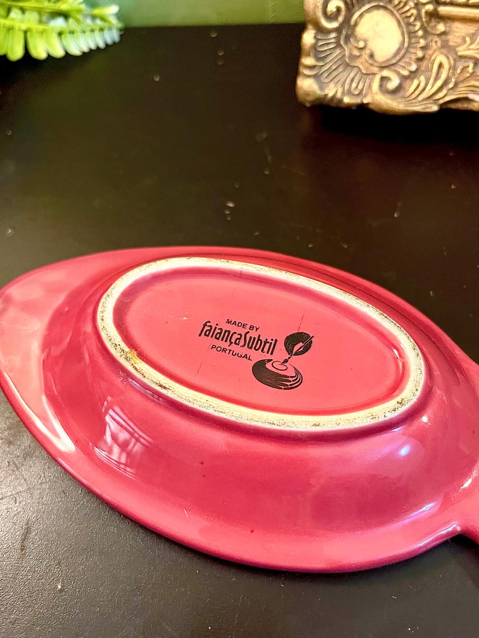 Backstamp on base of vintage pink ceramic fish-shaped dish