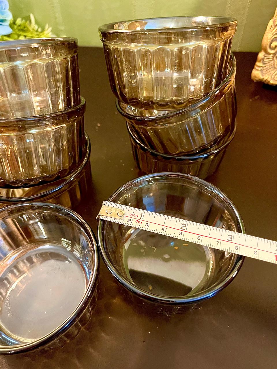 Vintage smoky ribbed glass tumbler with ruler showing approximate size