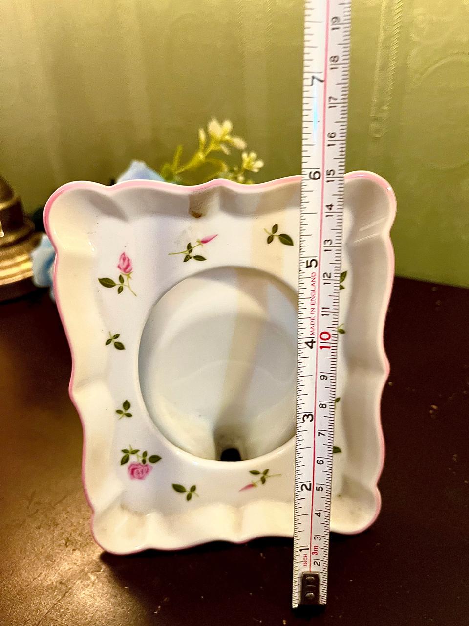 Vintage square ceramic trinket dish with ruler showing approximate 4 inch size