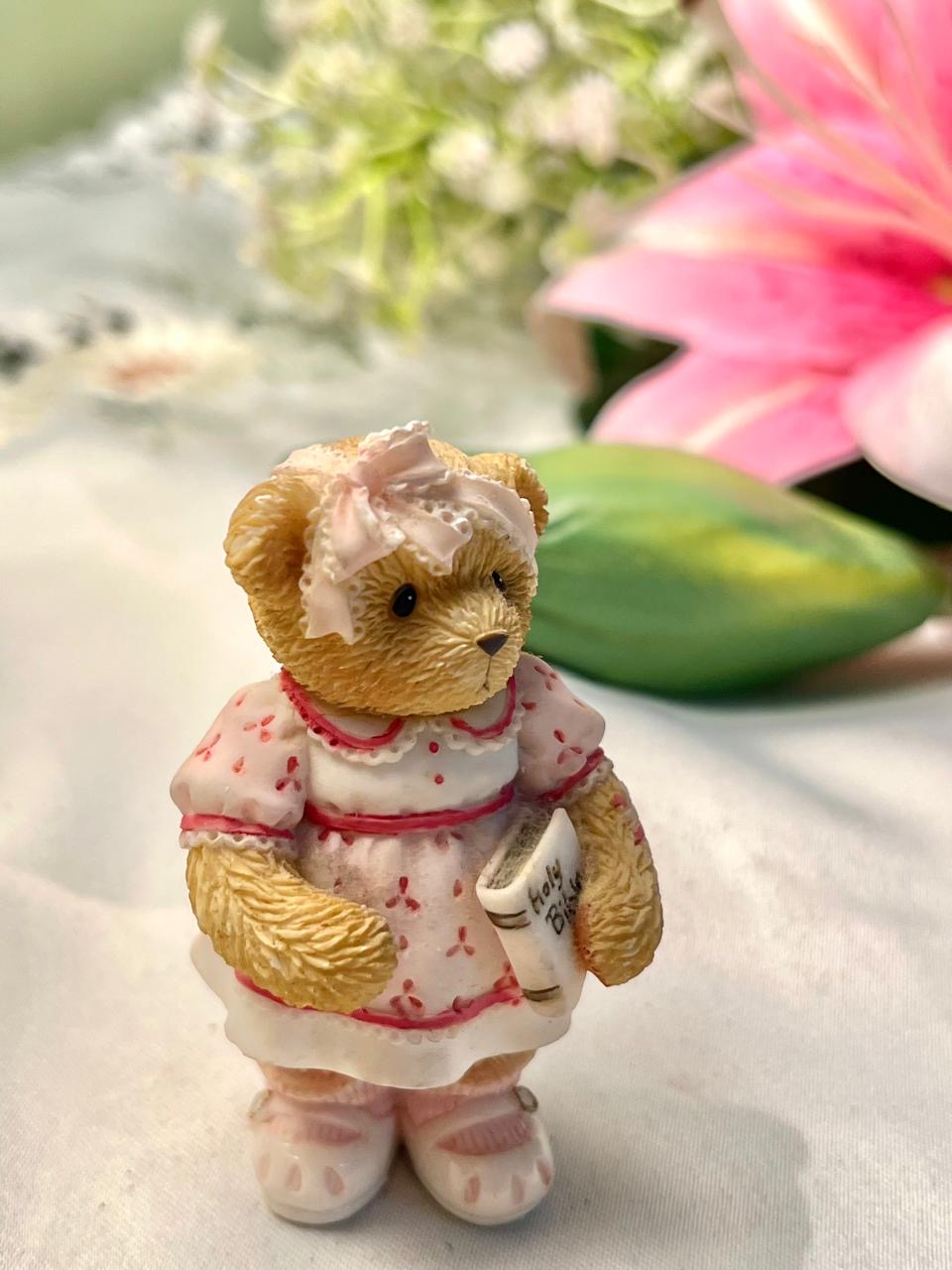 Vintage Teddy Bear Figurine Pink Dress & Book 7 cm