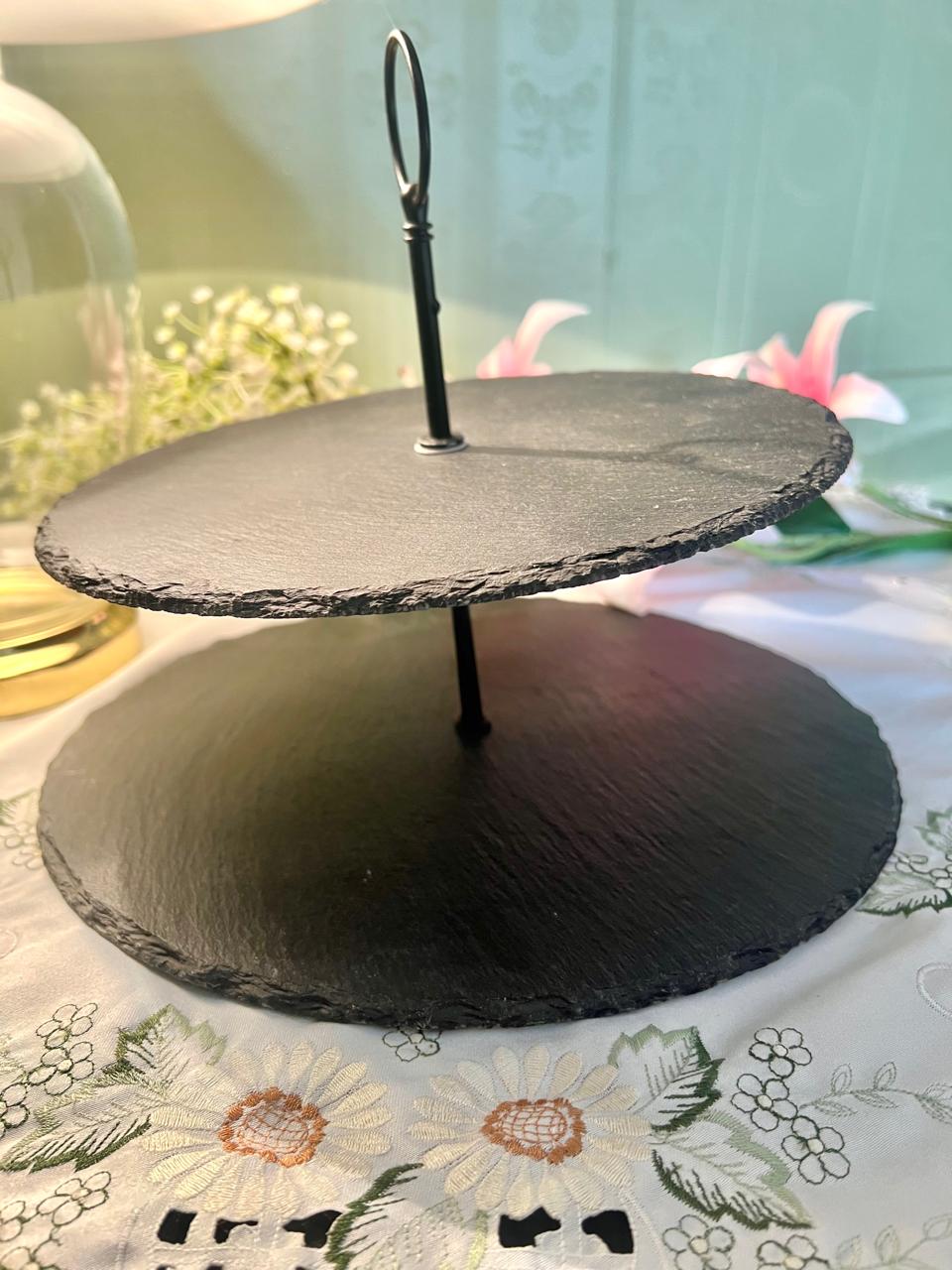10 Inch Black Slate Stone Two-Tier Serving Stand