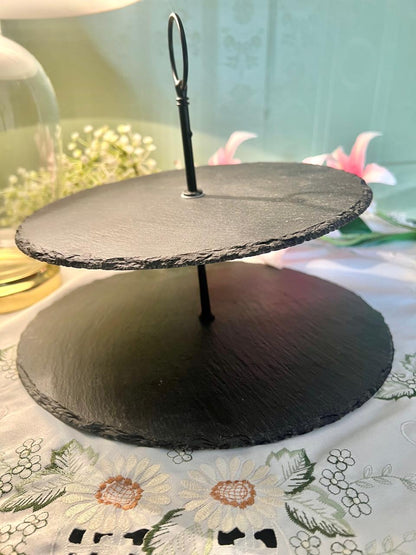 10 Inch Black Slate Stone Two-Tier Serving Stand