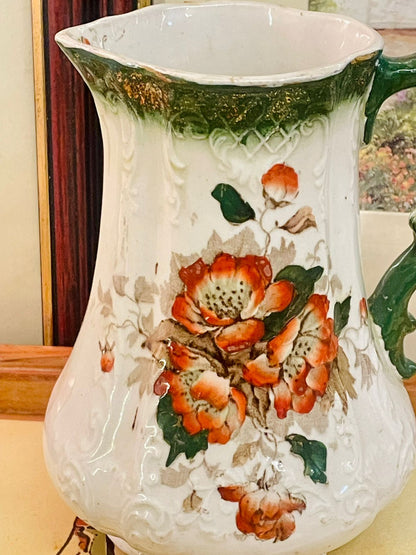 Vintage Porcelaine Royale Floral Pitcher – Embossed White & Green Jug