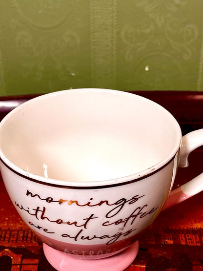 Pink & White “Latte Happy” Footed Coffee Soup Mug – 4"