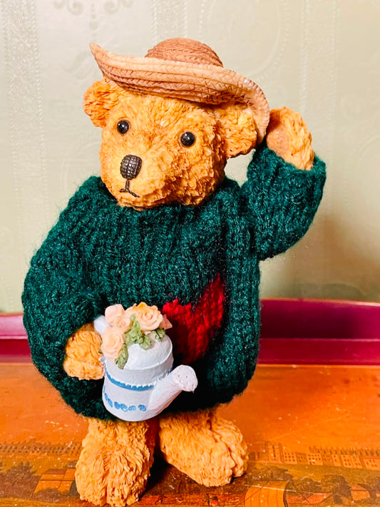 Vintage Teddy Bear Garden Figurine with Watering Can 8 Inch
