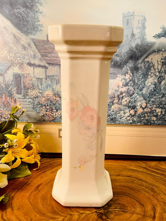 Vintage Floral Ceramic Pedestal Vase – Tall Decorative Vase
