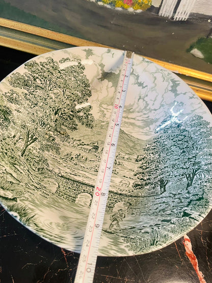 Brownhills Ducoal “Bridge Scenes” Green Transferware Bowl – England – 9.5 Inches