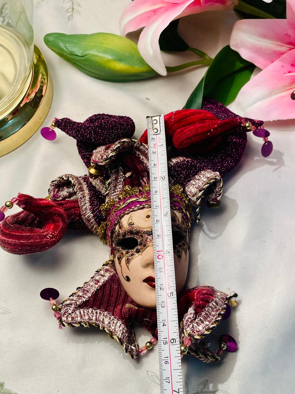 Venetian Jester Mask Wall Hanging Burgundy & Gold 17 cm