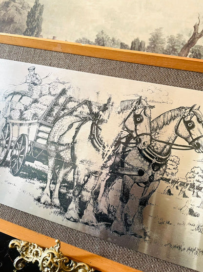 Vintage Horse & Cart Engraved Metal Art – Framed Farm Scene (England)