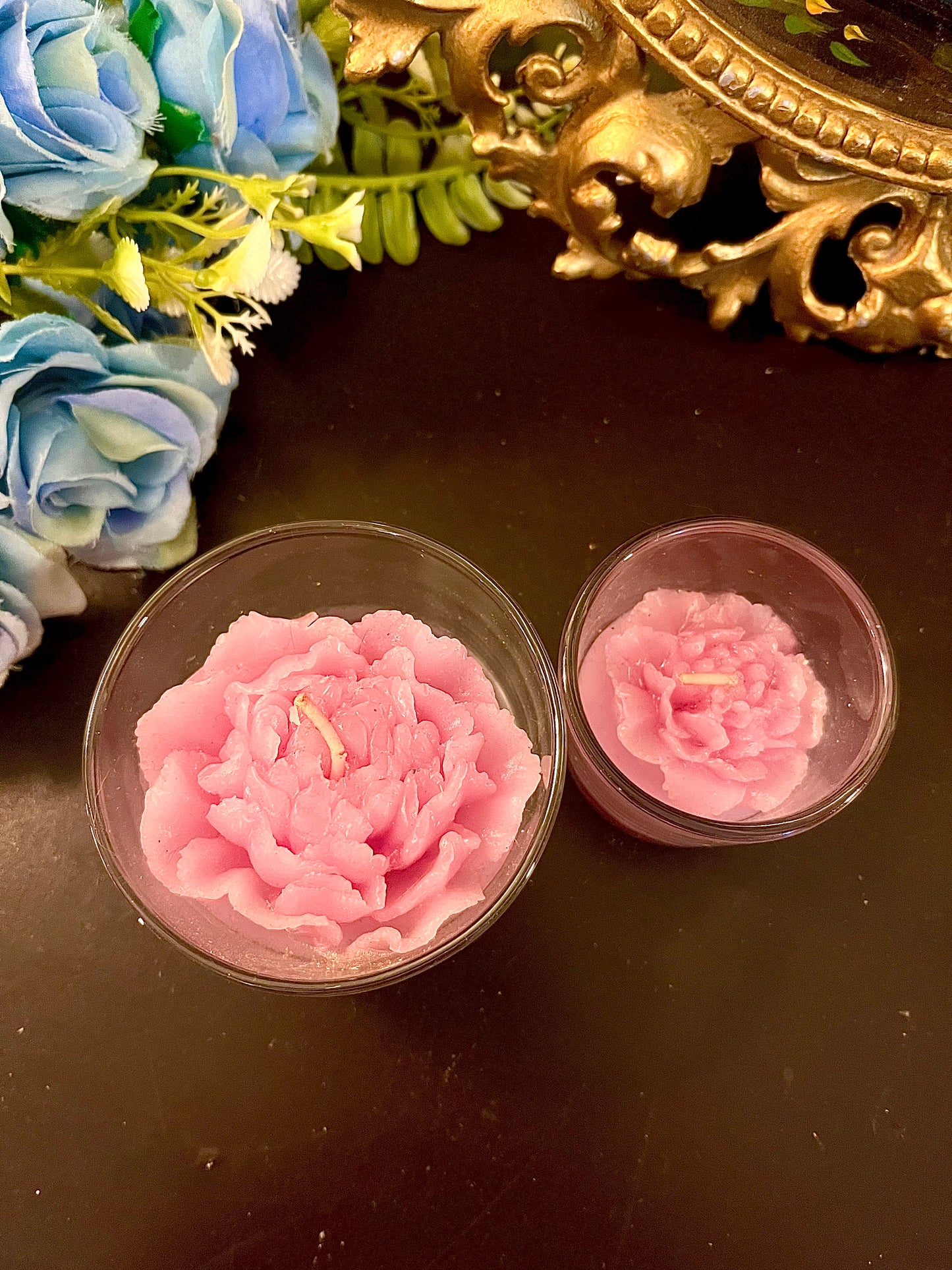 Set of 2 Pink Rose Glass Candle Holders with Floral Wax Candles