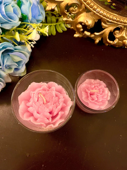 Set of 2 Pink Rose Glass Candle Holders with Floral Wax Candles