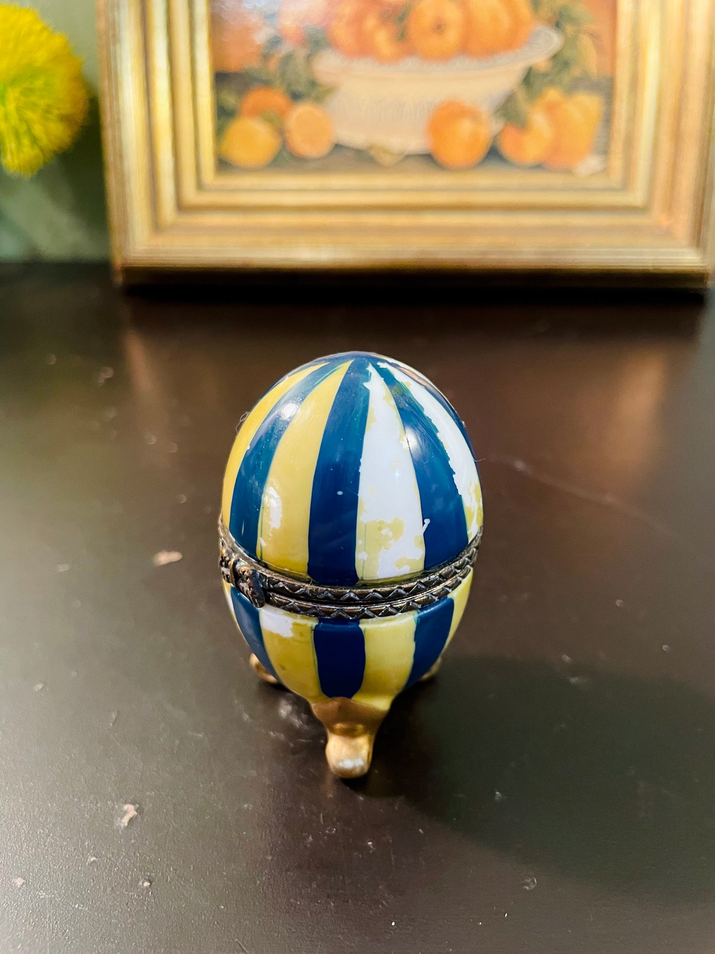 Vintage Striped Porcelain Egg Trinket Box