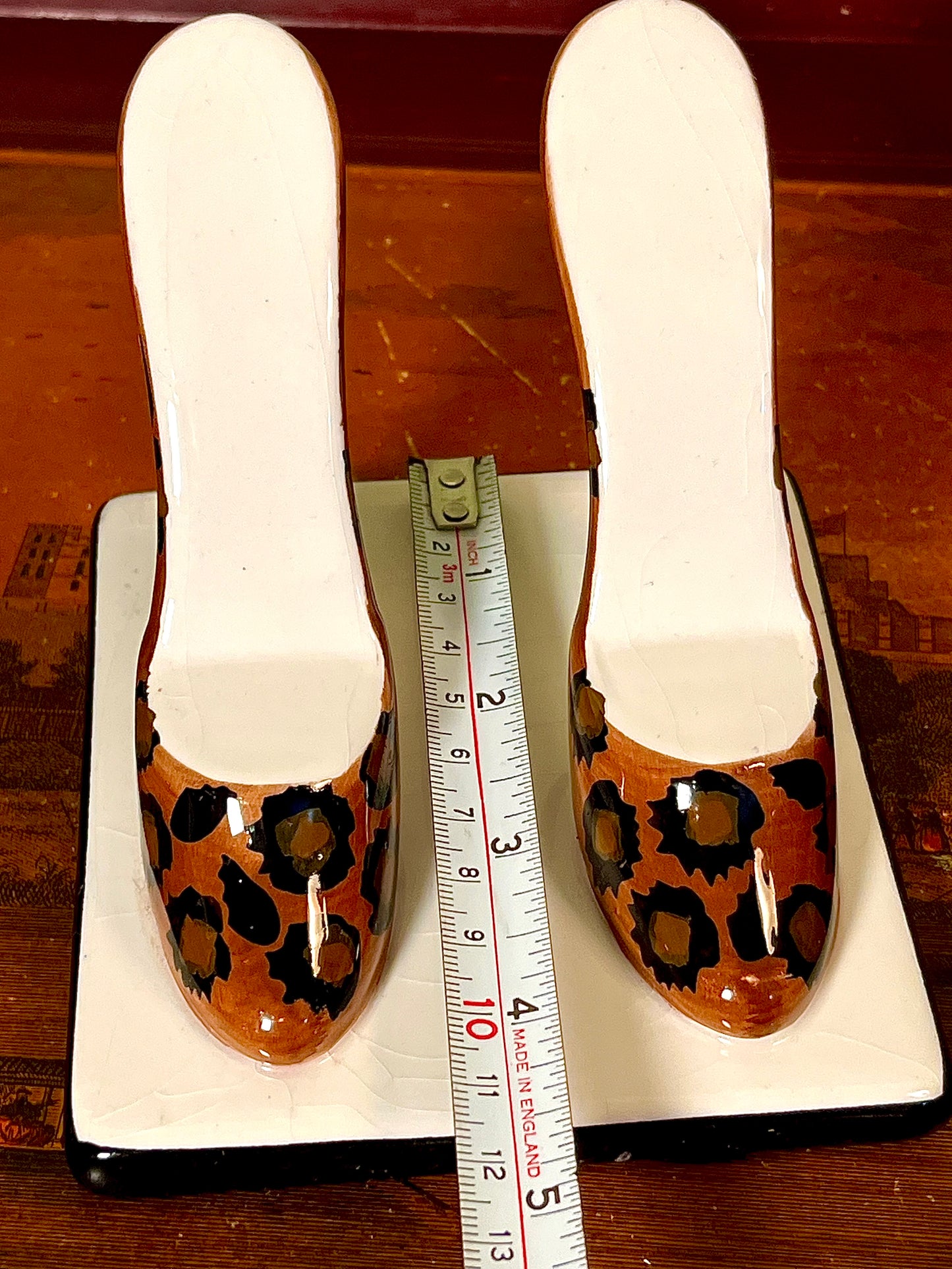 Vintage Ceramic High Heel Shoe Pair Leopard Print Display