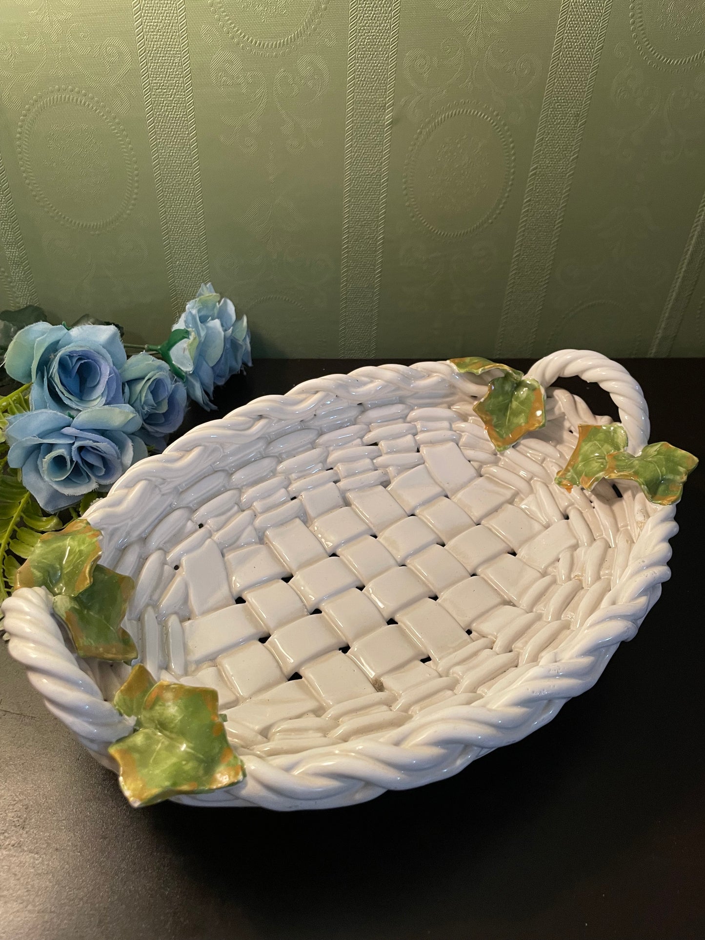 Large White Ceramic Basket Weave Serving Tray With Ivy Leaves