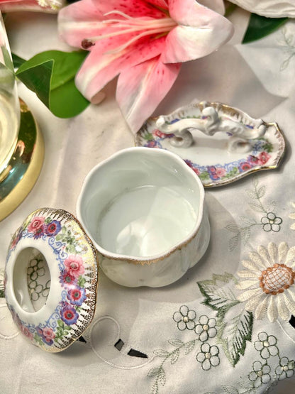 Floral Gold Trim Vanity Trinket Set 2 Pieces