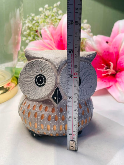 Grey Textured Owl wooden Figurine with Ochre Detail Approx. 12 cm
