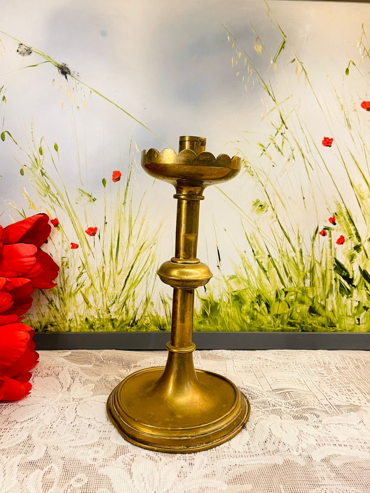 Pair of Vintage Brass Scalloped Candlestick Holders
