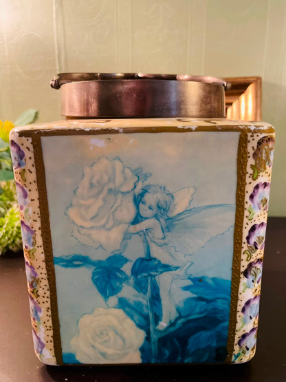 Vintage Fairy Porcelain Candle Lantern with Metal Handle 8 Inch