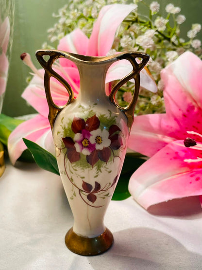 Cream Floral Decorative Vase with Gold-Tone Handles Approx. 12 cm