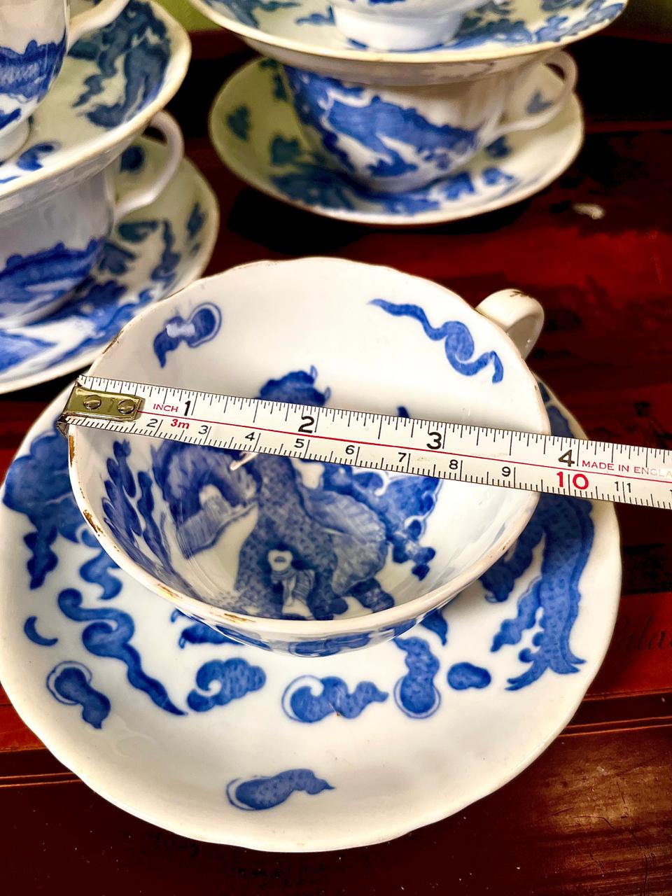 Vintage Blue & White Dragon Tea Cup & Saucer Set | 5 Persons