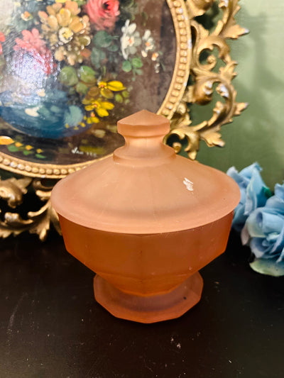 Vintage Amber Frosted Crystal Glass Lidded Jar