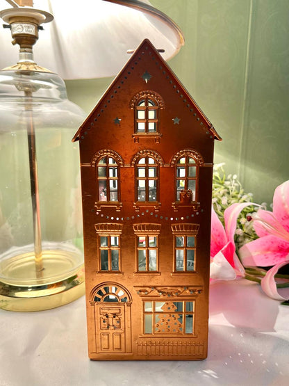 Copper-Tone Metal House Decor with Cutout Windows 25cm