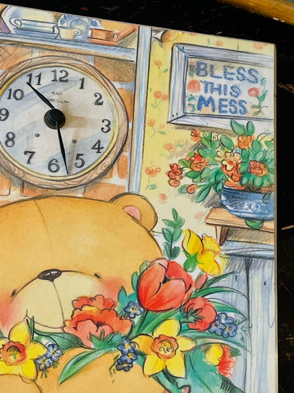 Vintage Teddy Bear Wall Clock – Floral Cottage Kitchen Artwork