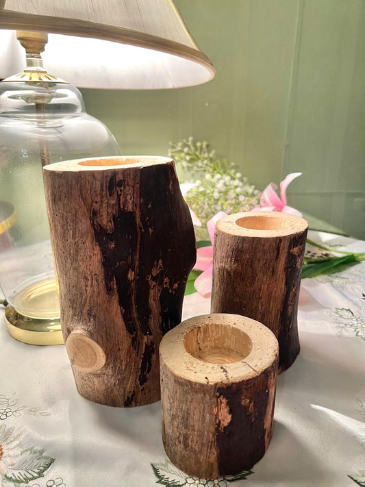 Rustic Wooden Log Candle Holders – 3 Piece Set
